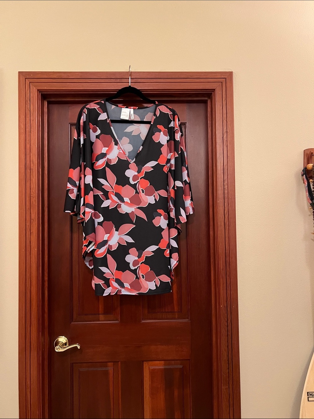 Bar III Black Floral V-Neck Swim Coverup with Coral and Pink Blooms